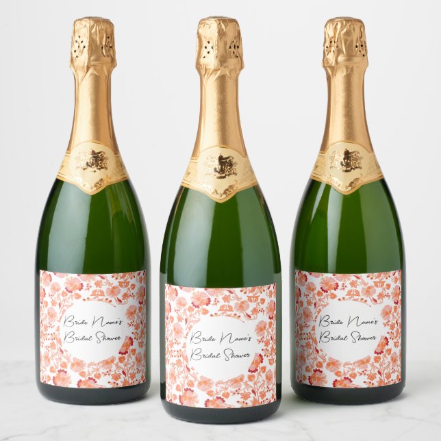 Étiquettes Pour Bouteilles De Vin Mousseux Élégant Shower Mariage Floral Orange Imprimé (Bouteilles)