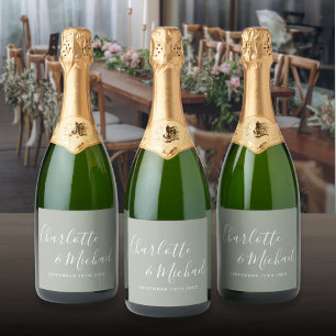 Étiquettes Pour Bouteilles De Vin Mousseux Élégant signature Script Sage Mariage vert