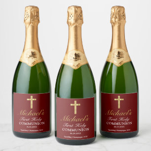 Étiquettes Pour Bouteilles De Vin Mousseux Élégant Simple Gold Croix Rouge Première communion