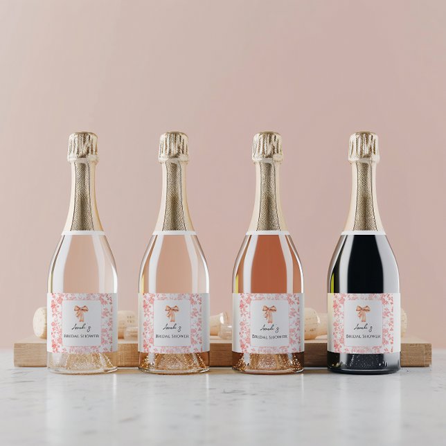 Étiquettes Pour Bouteilles De Vin Mousseux Élégant Toile Florale Rose Brunch de Mariage (Créateur téléchargé)