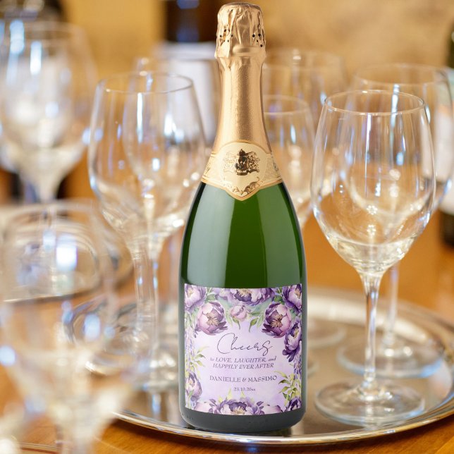Étiquettes Pour Bouteilles De Vin Mousseux Élégant tourterelles violettes lilas glyteria mari (Elegant purple peonies lilac wisteria wedding personalized champagne label )