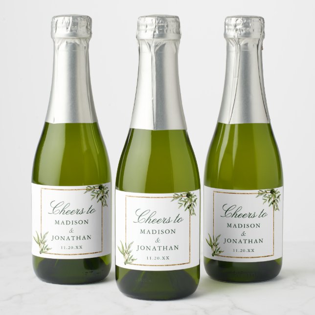 Étiquettes Pour Bouteilles De Vin Mousseux Élégant Vert Or Botanique Personnalisé Mariage Min (Bouteilles)