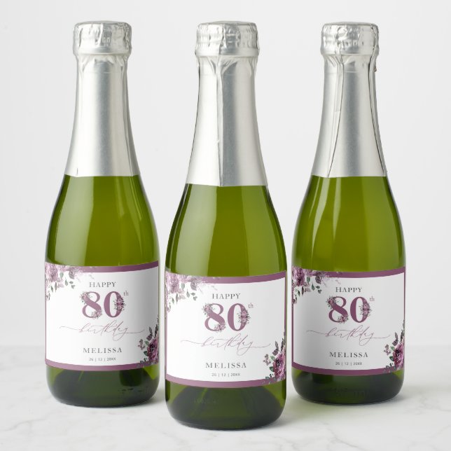 Étiquettes Pour Bouteilles De Vin Mousseux Elégant violet floral 80e anniversaire (Bouteilles)