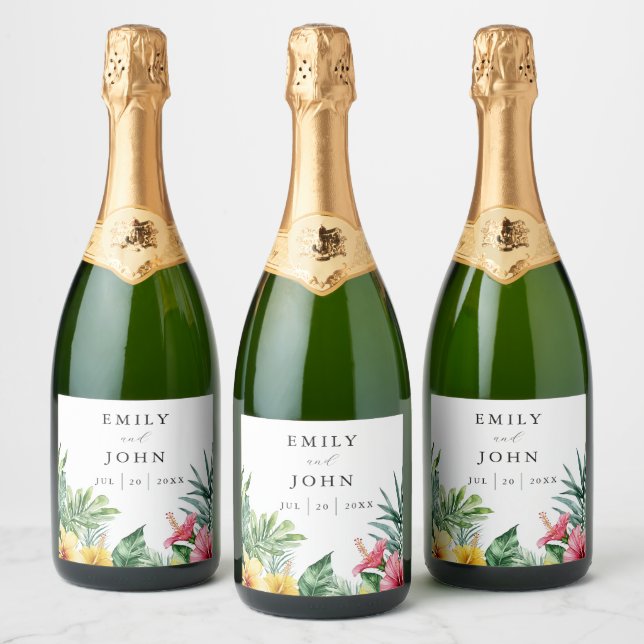 Étiquettes Pour Bouteilles De Vin Mousseux Elégante aquarelle Mariage floral tropical (Bouteilles)