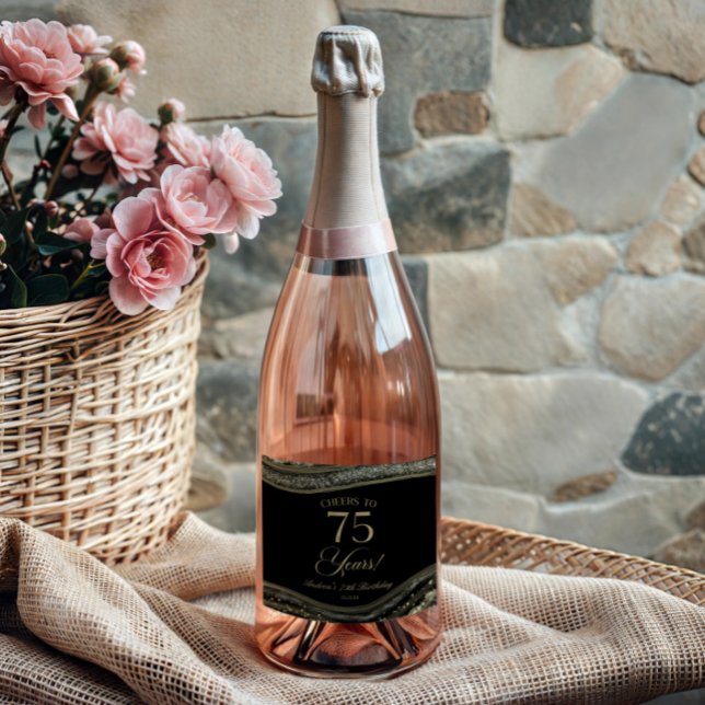 Étiquettes Pour Bouteilles De Vin Mousseux Élégante Fête d'anniversaire 75 ans en Agate Noire (Créateur téléchargé)
