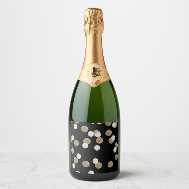 Étiquettes Pour Bouteilles De Vin Mousseux élégante fête de vacances Black Gold Confetti (Devant)
