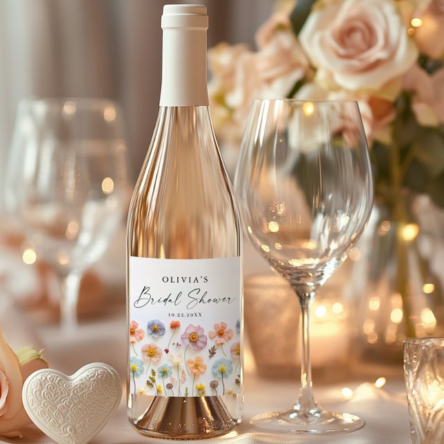 Étiquettes Pour Bouteilles De Vin Mousseux Elégante Fête des mariées Fleur sauvage Pastel Pin (Créateur téléchargé)