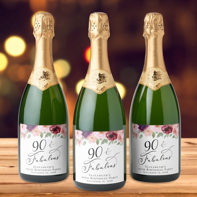 Étiquettes Pour Bouteilles De Vin Mousseux Elégante fête florale 90e anniversaire (Créateur téléchargé)