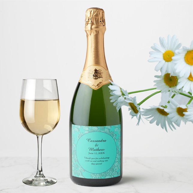 Étiquettes Pour Bouteilles De Vin Mousseux Elégante marguerite romantique Floral Turquoise Ma (Elegant Romantic Daisies Floral Turquoise Wedding Sparkling Wine Label)