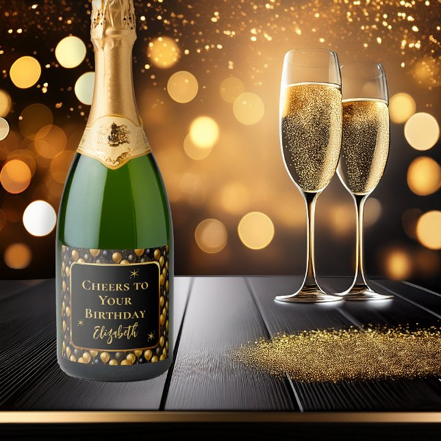 Étiquettes Pour Bouteilles De Vin Mousseux Elégante Parties scintillant d'or noir Ballons d'a (Elegant Black Gold Faux Glitter Balloons "Cheers to Your Birthday" [Name] Sparkling Wine Label)