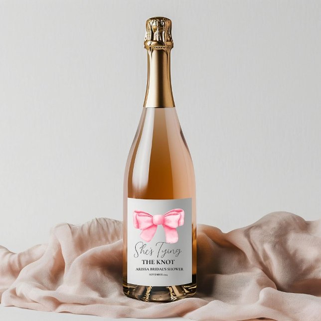 Étiquettes Pour Bouteilles De Vin Mousseux Elle noue la Fête des mariées rose Bow (Créateur téléchargé)