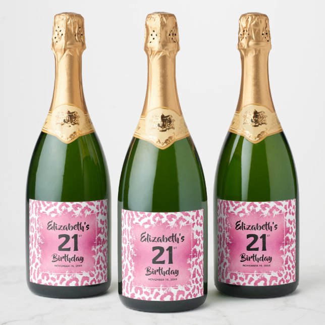 Étiquettes Pour Bouteilles De Vin Mousseux Empreinte de léopard rose chaud 21e anniversaire P (Bouteilles)