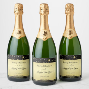 Étiquettes Pour Bouteilles De Vin Mousseux Etoiles de Noël brillantes or, pattes sur or et no