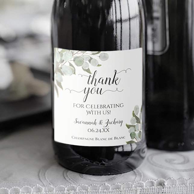 Étiquettes Pour Bouteilles De Vin Mousseux Eucalyptus rustique Merci Mariage (Créateur téléchargé)