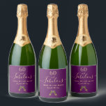 Étiquettes Pour Bouteilles De Vin Mousseux Fabulous birthday party purple gold glam<br><div class="desc">Simple and elegant 60th birthday wine label. A feminine deep purple background with two glasses, flutes as decor. With the text: 60 and fabulous. Personalize and add a name and a date. Date of birth or the date of the party. Golden letters. The word Fabulous is written with a modern...</div>