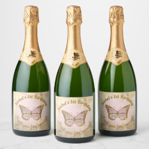 Étiquettes Pour Bouteilles De Vin Mousseux faux feuille d'or parties scintillant rose papillo