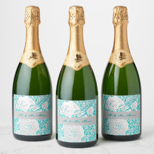 Étiquettes Pour Bouteilles De Vin Mousseux Faux Silk Embossé Illusion Rose/Turquoise