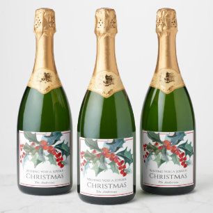 Étiquettes Pour Bouteilles De Vin Mousseux Festif personnalisé Holly et Berries