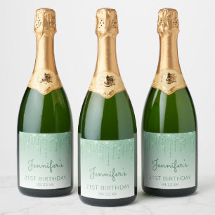 Étiquettes Pour Bouteilles De Vin Mousseux Fête d'anniversaire 21 ans Green Glitter Drip