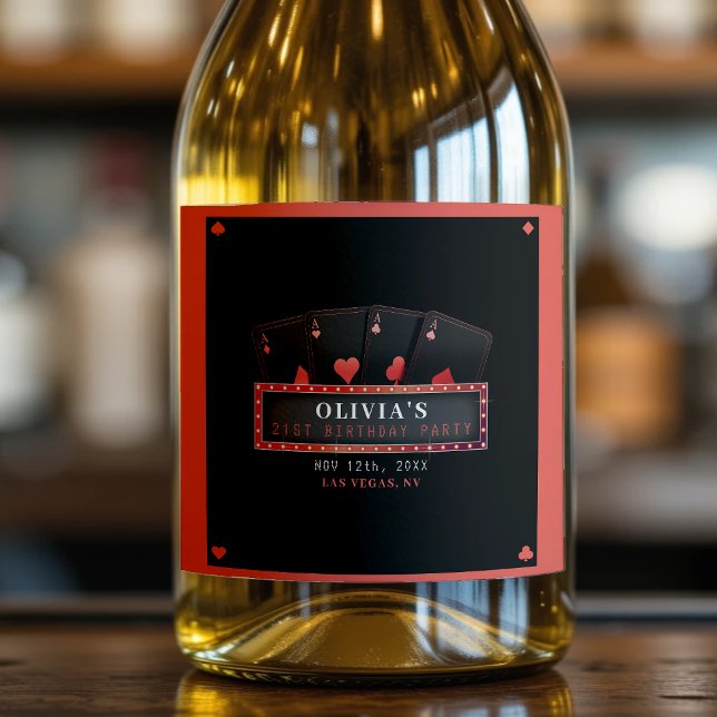 Étiquettes Pour Bouteilles De Vin Mousseux Fête d'anniversaire 21 ans Poker As Rouge & Noir (Poker Aces Red & Black 21st Birthday Party Sparkling Wine Label
)