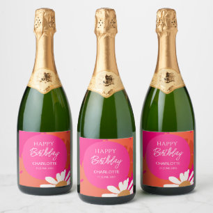 Étiquettes Pour Bouteilles De Vin Mousseux Fête d'anniversaire à la marguerite rose et orange