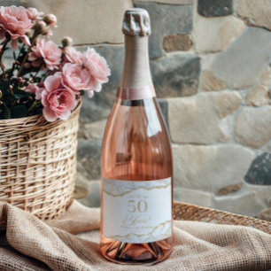 Étiquettes Pour Bouteilles De Vin Mousseux Fête d'anniversaire de 50 ans en Agate Or Blanc Él