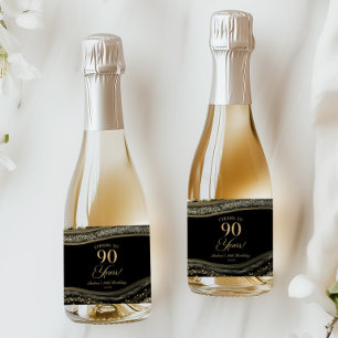 Étiquettes Pour Bouteilles De Vin Mousseux Fête d'anniversaire de 90 ans en Agate Noir Or Élé