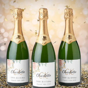 Étiquettes Pour Bouteilles De Vin Mousseux Fête d'anniversaire en or rose floral