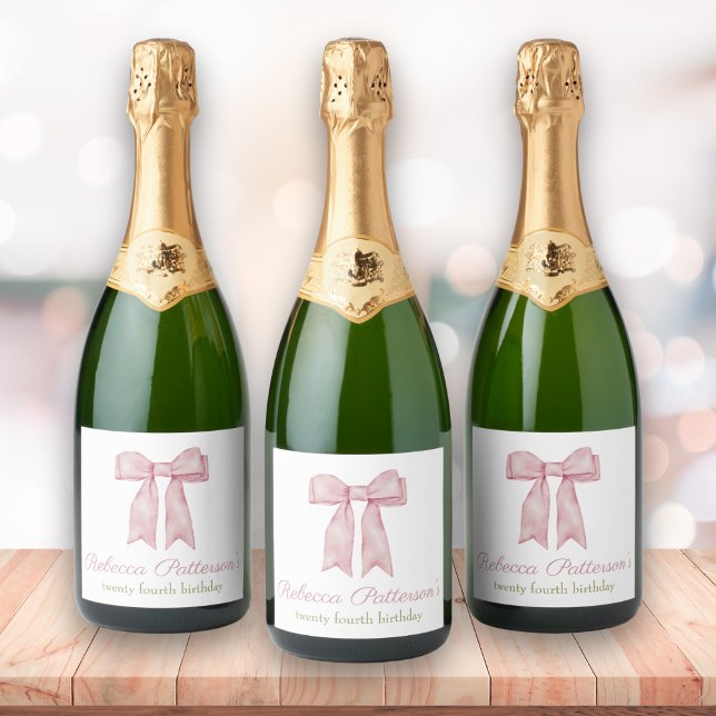 Étiquettes Pour Bouteilles De Vin Mousseux Fête d'anniversaire féminine avec un nœud à l'aqua (coquette aesthetic pink bow party champagne sparkling wine label birthday party decor tea party cute)
