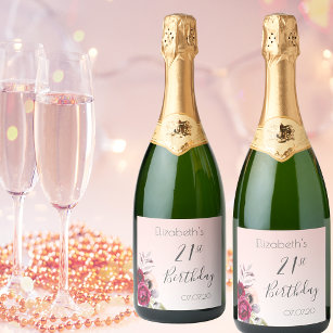 Étiquettes Pour Bouteilles De Vin Mousseux fête de 21e anniversaire rose or rousse rose flora