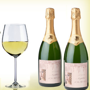 Étiquettes Pour Bouteilles De Vin Mousseux fête de 40e anniversaire photo rose or parties sci
