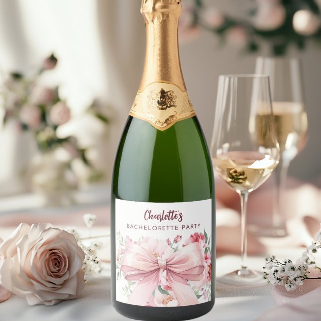 Étiquettes Pour Bouteilles De Vin Mousseux Fête de Bachelorette à fleurs roses en nœud (Créateur téléchargé)