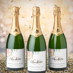 Étiquettes Pour Bouteilles De Vin Mousseux Fête de Bachelorette avec monogramme floral or ros
