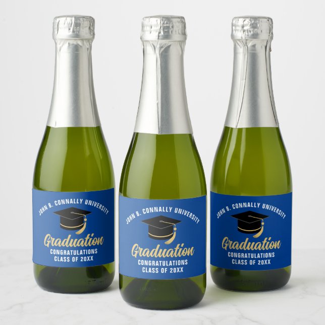 Étiquettes Pour Bouteilles De Vin Mousseux Fête de Graduation Bleue Mini personnalisé (Bouteilles)