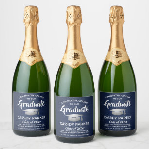 Étiquettes Pour Bouteilles De Vin Mousseux Fête de graduation Brossé Marine Bleu Blanc & Arge