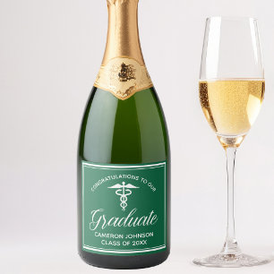 Étiquettes Pour Bouteilles De Vin Mousseux Fête de graduation de l'école Médicale verte perso