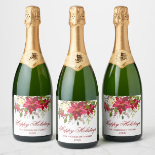 Étiquettes Pour Bouteilles De Vin Mousseux Fête de l'Elégante Aquarelle Rouge Poinsettia