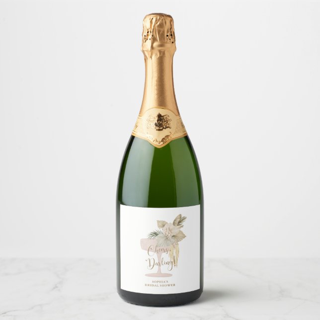 Étiquettes Pour Bouteilles De Vin Mousseux Fête de mariage personnalisée Palmiers et Prosecco (Devant)
