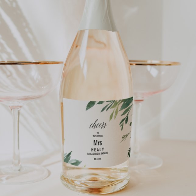 Étiquettes Pour Bouteilles De Vin Mousseux Fête de Mariée avec la Verdure Botanique Moderne (Créateur téléchargé)