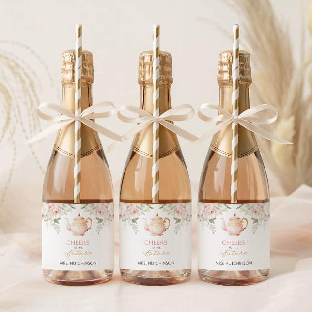 Étiquettes Pour Bouteilles De Vin Mousseux Fête de Mariée sur le thème du thé (Tea Party Bridal Shower Sparkling Wine Label)