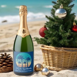 Étiquettes Pour Bouteilles De Vin Mousseux Fête de Noël du coucher de soleil tropical de Mele