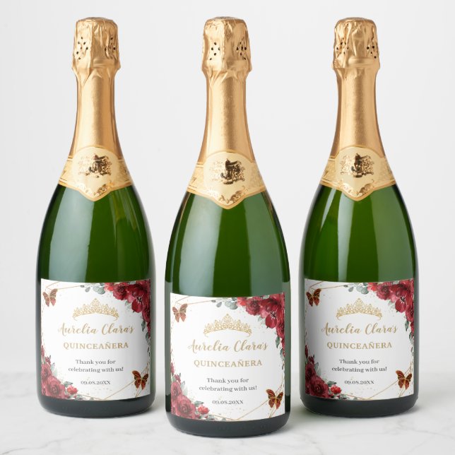 Étiquettes Pour Bouteilles De Vin Mousseux Fête de Quinceañera d'anniversaire papillons flora (Bouteilles)