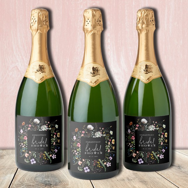 Étiquettes Pour Bouteilles De Vin Mousseux Fête des mariées fleur sauvage noire (Wildflowers bridal shower personalized black champagne bottle labels)