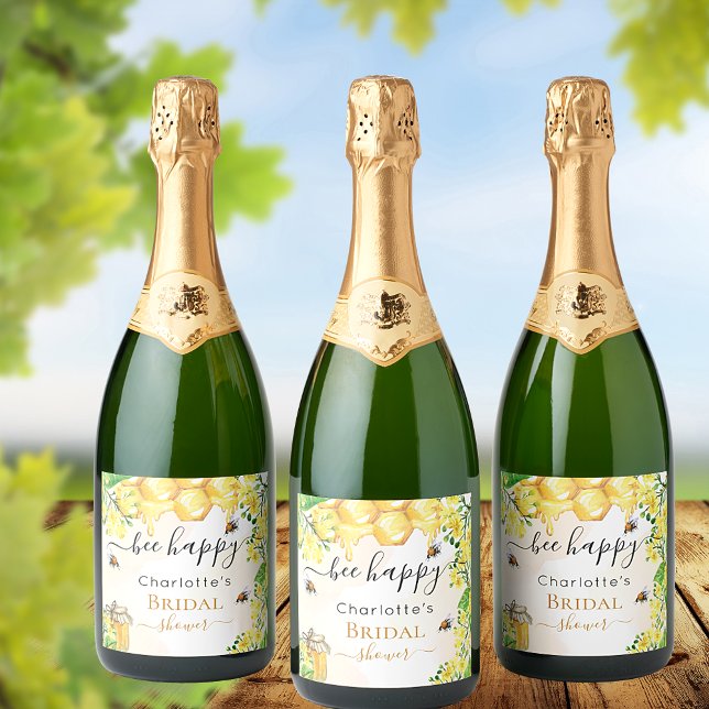 Étiquettes Pour Bouteilles De Vin Mousseux Fête des mariées fleurie jaune d'abeilles (Créateur téléchargé)
