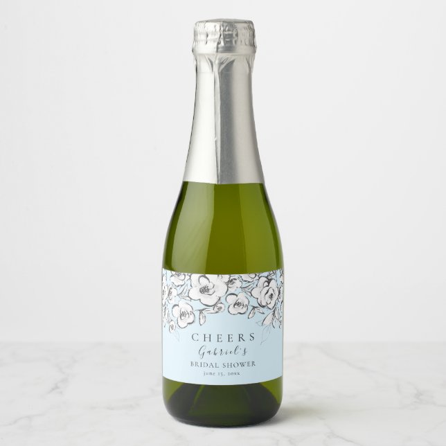 Étiquettes Pour Bouteilles De Vin Mousseux Fête des mariées florale blanche moderne bleu (Devant)
