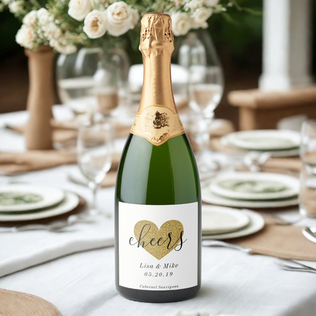 Étiquettes Pour Bouteilles De Vin Mousseux Fête des mariées Mariage Gold Heart moderne (Créateur téléchargé)