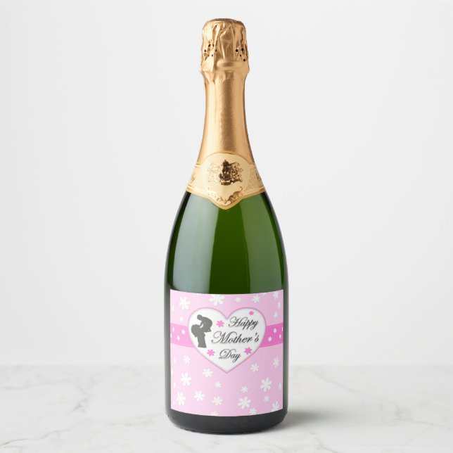 Étiquettes Pour Bouteilles De Vin Mousseux Fête des mères maman et bébé rose (Devant)