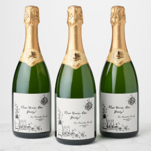 Étiquettes Pour Bouteilles De Vin Mousseux Fête du Nouvel An dessinée à la main moderne