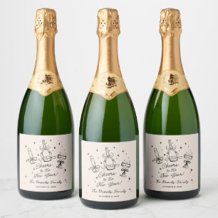 Étiquettes Pour Bouteilles De Vin Mousseux Fête du Nouvel An dessinée à la main moderne