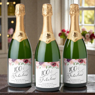 Étiquettes Pour Bouteilles De Vin Mousseux Fête élégante florale pour les 100 ans